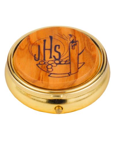 Rosenkranzdose 48 mm Ø mit Holzemblem IHS