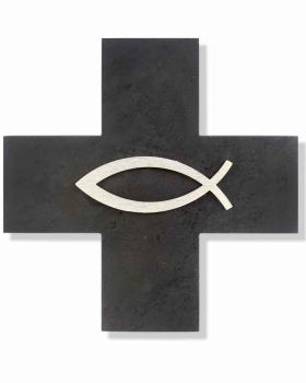 Schieferkreuz 12 x 12 cm mit Fisch aus Edelstahl