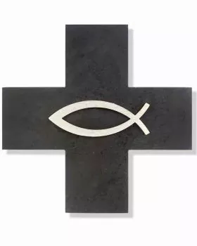 Schieferkreuz 12 x 12 cm mit Fisch aus Edelstahl