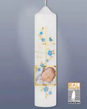 Taufkerze Foto Junge blau 265 x 60 mm personalisiert