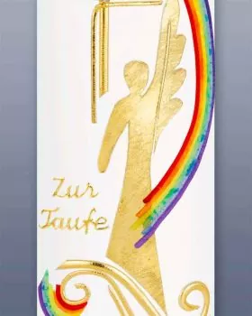 Taufkerze Schutzengel gold Regenbogen 265 x 60 mm