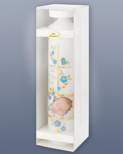 Taufkerze Foto Junge blau 265 x 60 mm personalisiert