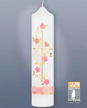 Taufkerze für Mädchen mit rosa Blumen 265 x 60 mm