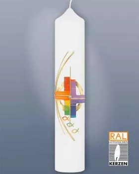 Taufkerze 265 x 50 mm Regenbogen Kreuz & Fische