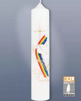 Taufkerze mit Regenbogen Kreuz & Taube 265 x 50 mm