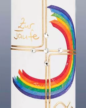 Taufkerze Regenbogen bunt 265 x 50 mm mit Goldkreuz