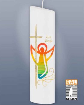 Taufkerze Engel oval Kreuz und Regenbogen 240 mm