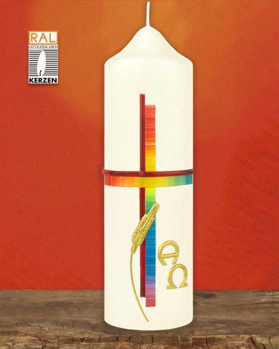 Osterkerze 165 x 50 mm, "Kreuz mit Ähren"  A+O