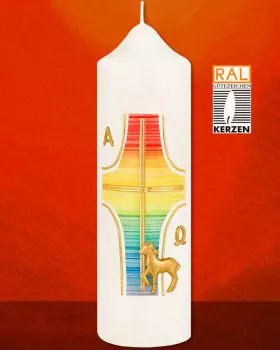 Osterkerze 165 x 60 mm RAL Lamm Gottes farbiges Kreuz
