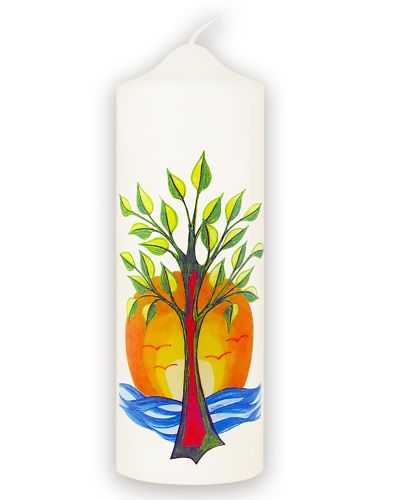 Kerze 165x60 mm Lebensbaum und Sonne m. Wasser