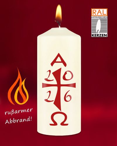 Osterkerze 120 x 60 mm A+O mit Jahreszahl 2026, rot
