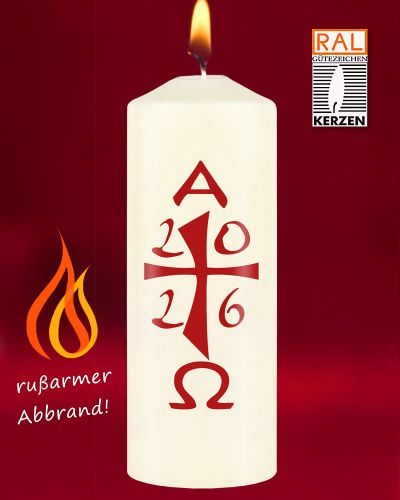 Osterkerze 120 x 60 mm A+O mit Jahreszahl 2026, rot