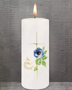 Trauerkerze 165 x 60 mm, Kreuzsmbol mit Blume