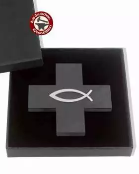 Schieferkreuz 12 x 12 cm mit Fisch aus Edelstahl