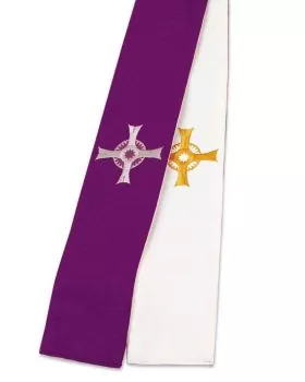 Versehstola weiß & violett 5cm breit mit gesickten Kreuzen