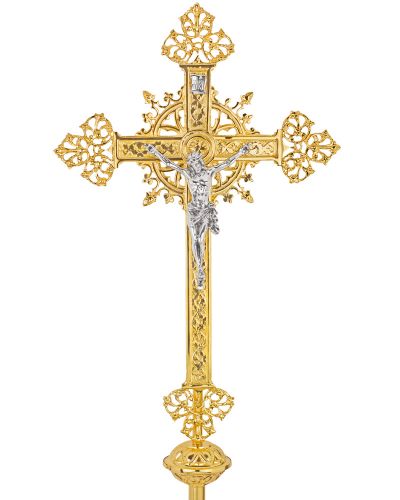 Vortragekreuz vergoldet 42 x 70 cm mit Stange 160 cm
