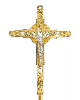 Vortragekreuz modern, vergoldet, mit Stange