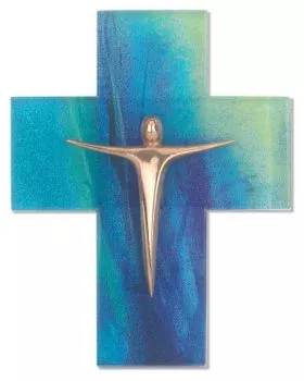 Wandkreuz 14,5 x 11,5 cm Glas blau mit Bronzekorpus