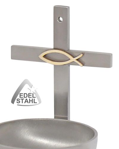 Preview: Wandweihkessel Edelstahl mit Holzfisch 12 x 7 x 7,5 cm