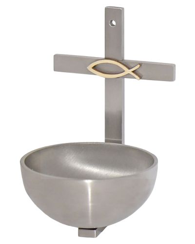 Wandweihkessel Edelstahl mit Holzfisch 12 x 7 x 7,5 cm