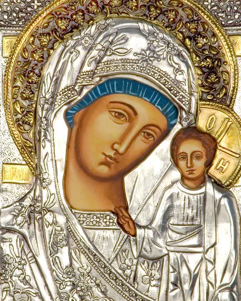 Ikone 7,5 x 5,5 cm Silber Oklat Maria mit Kind Kazan 