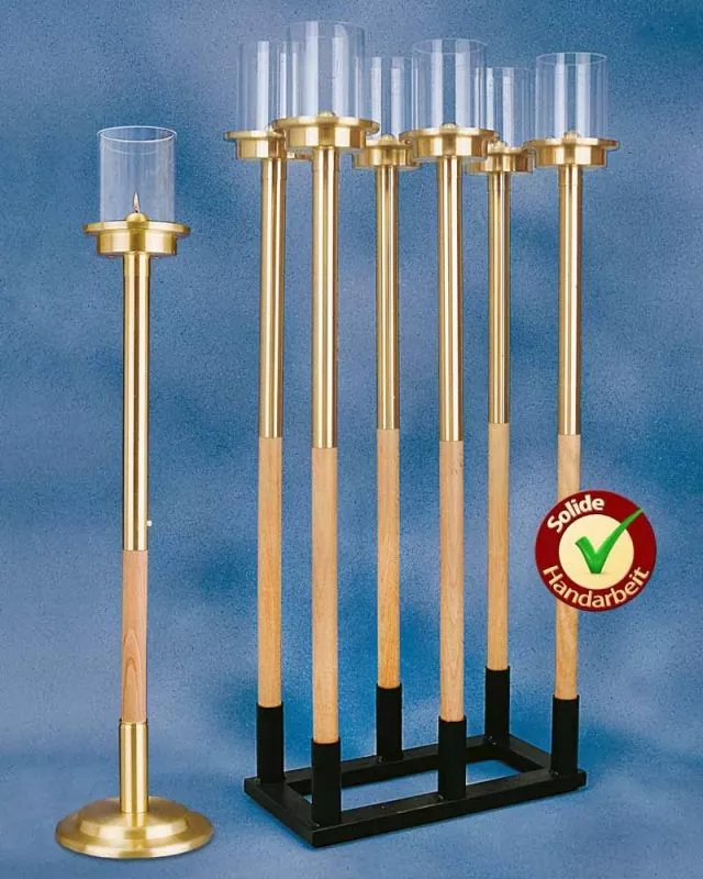 Flambeauxstab Holz 65 cm Messing mit Plexiglaszylinder
