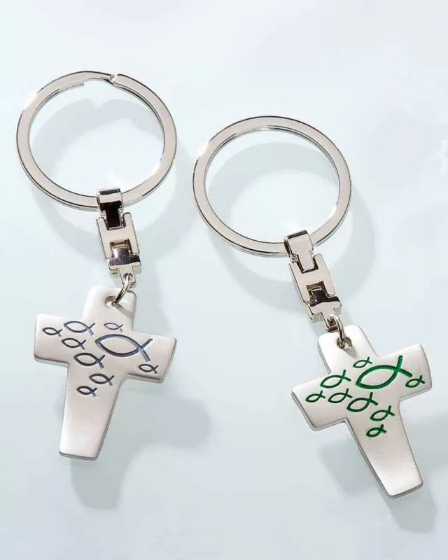 4 x Kreuz Schlüsselanhänger Fischsymbol, vernickelt matt