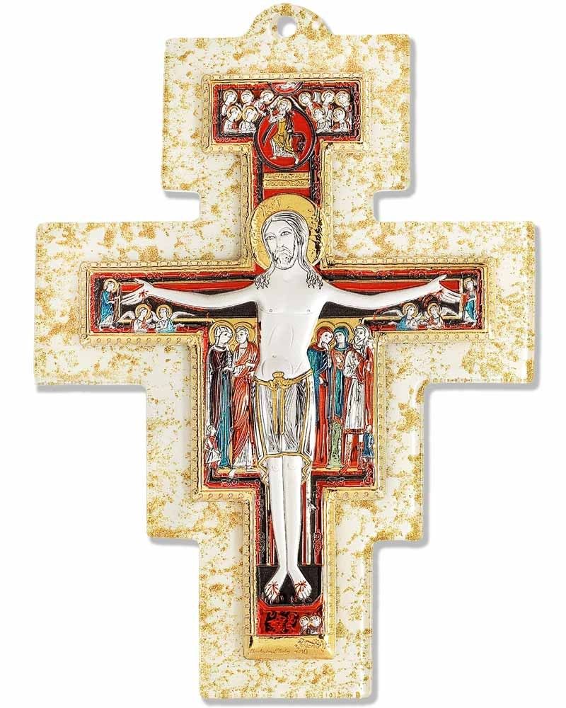 Franziskuskreuz 11 x 8 cm aus Glas bunt