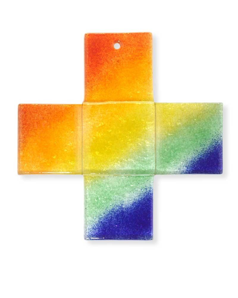 Glaskreuz 9 x 9 cm Fusing Design in Regenbogenfarben