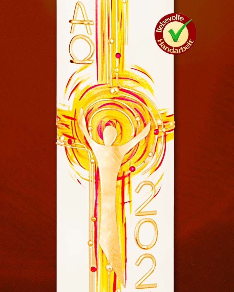 Osterkerze 600 x 80 mm Flammenkreuz gelb/orange