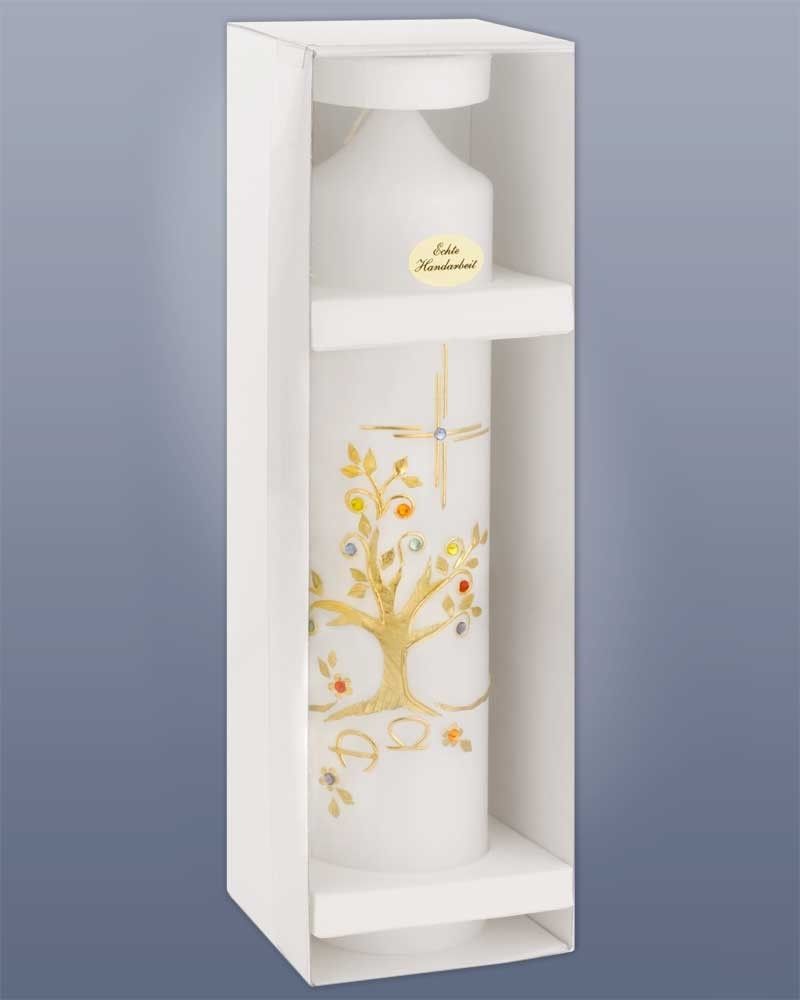 Taufkerze Lebensbaum gold 265 x 60 mm Glassteine bunt