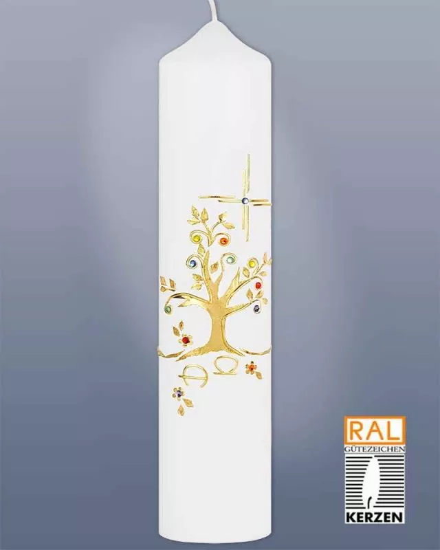Taufkerze Lebensbaum gold 265 x 60 mm Glassteine bunt
