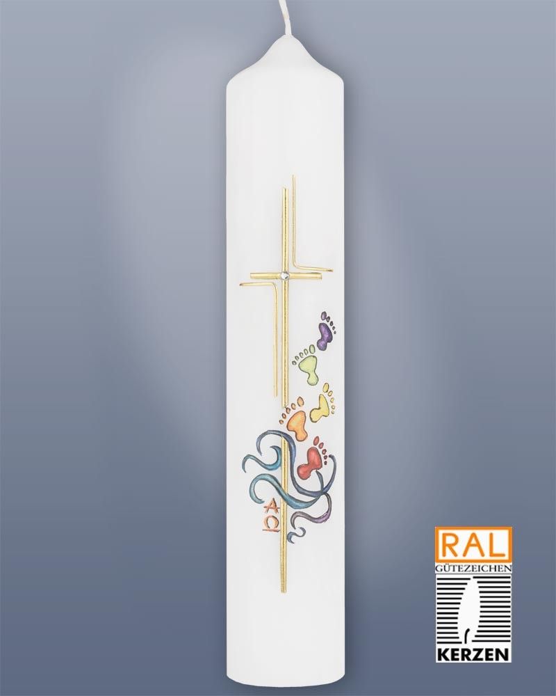 Taufkerze bunt 265x50 mm "Spuren im Sand" bunt