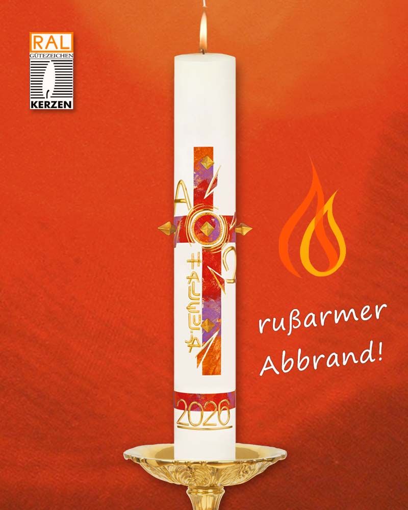 Osterkerze 800 x 80 mm Kreuz rot, orange, lila marmoriert