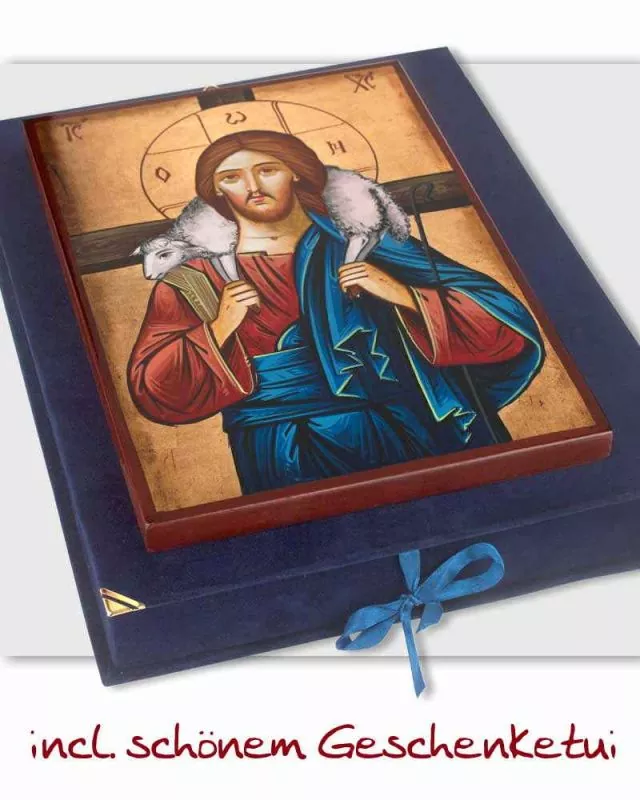 Ikone Guter Hirte 31 x 22 cm Christus mit Lamm handgemalt