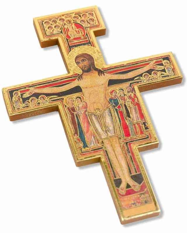 Franziskuskreuz 11,5 x 8 cm Holz Colordruck gold