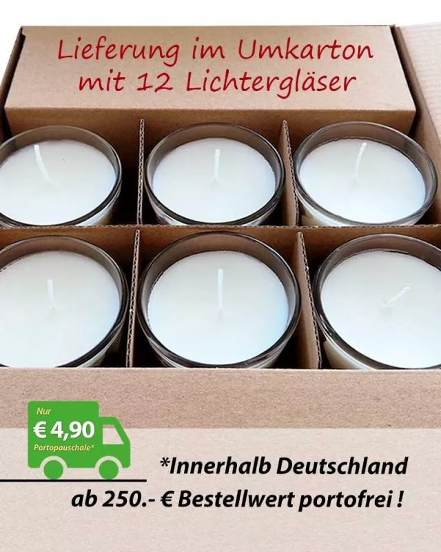 12 Kerzengläser 65 x 65 mm, A + O, mit Wachsfüllung