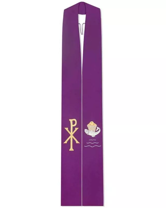 Priesterstola violett 145 cm Stickerei Fisch und PX