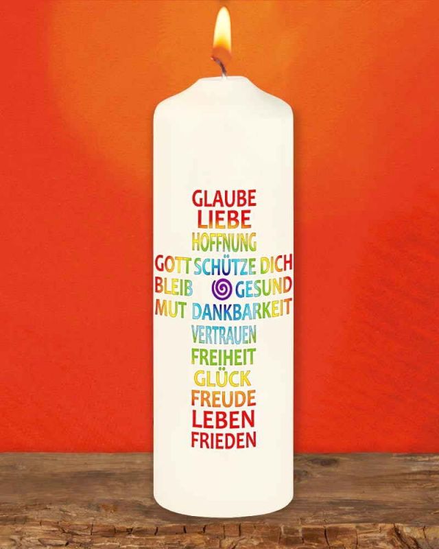 Kerze Hoffnung 225x70mm Segenskreuz Regenbogen