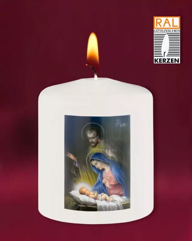 Weihnachtskerze 60x50 mm weiß Motiv Christi Geburt