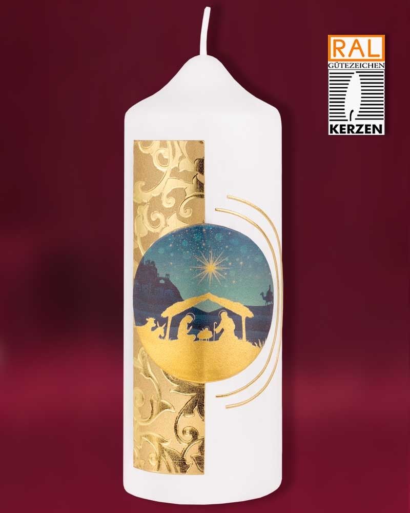 Weihnachtskerze 165x60mm Krippenmotiv Goldornament