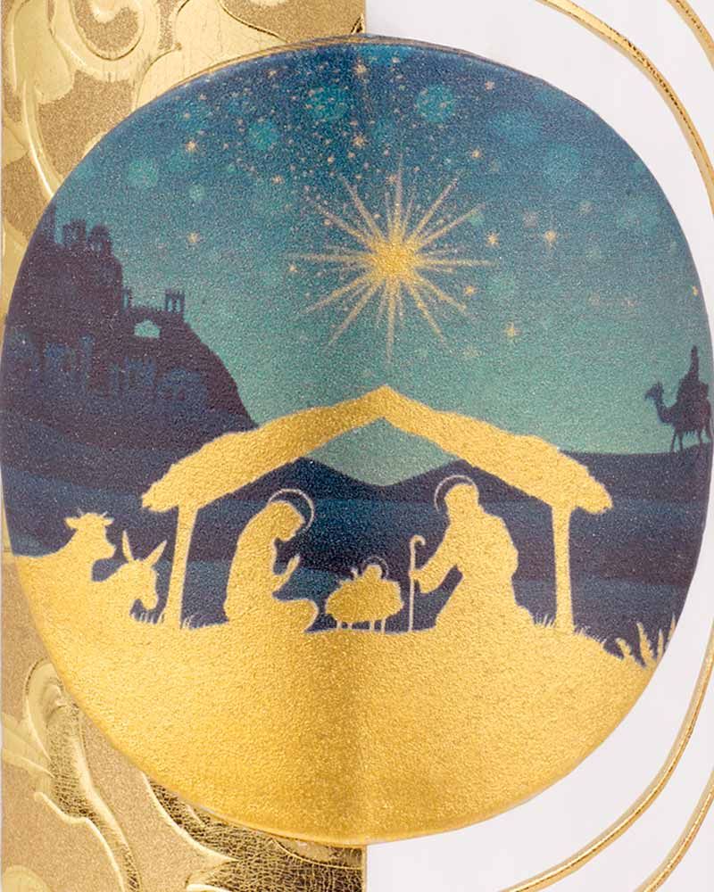 Weihnachtskerze 165x60mm Krippenmotiv Goldornament