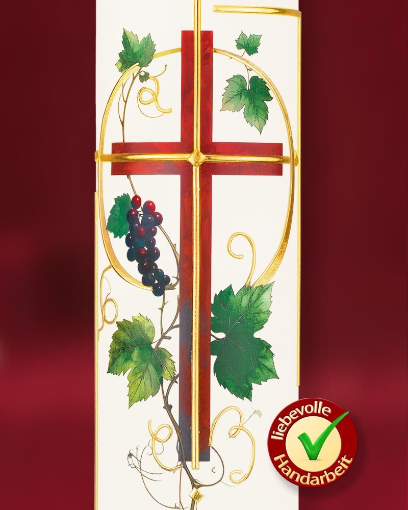 Osterkerze 600 x 80 mm "Kreuz mit Weinrebe"