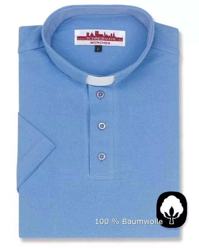 Priesterpolo Baumwolle lichtlblau Halbarm M - 4XL