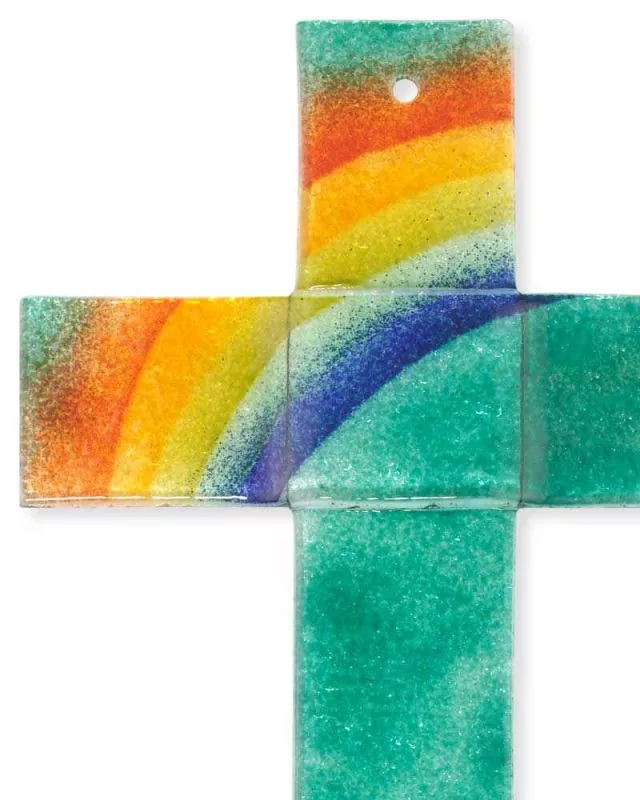 Glaskreuz 25 x 14 cm Fusig grün mit Regenbogen