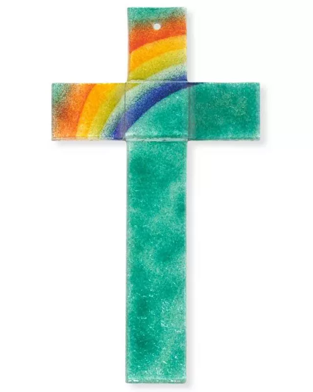 Glaskreuz 25 x 14 cm Fusig grün mit Regenbogen