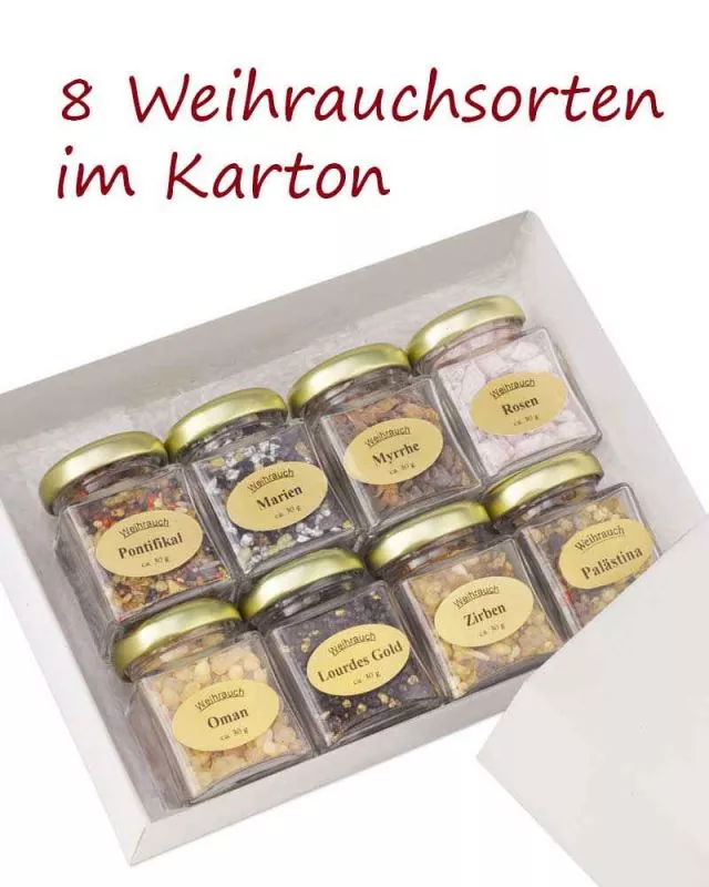 Weihrauchsortiment 8 Sorten im Aromaglas mit je 30g