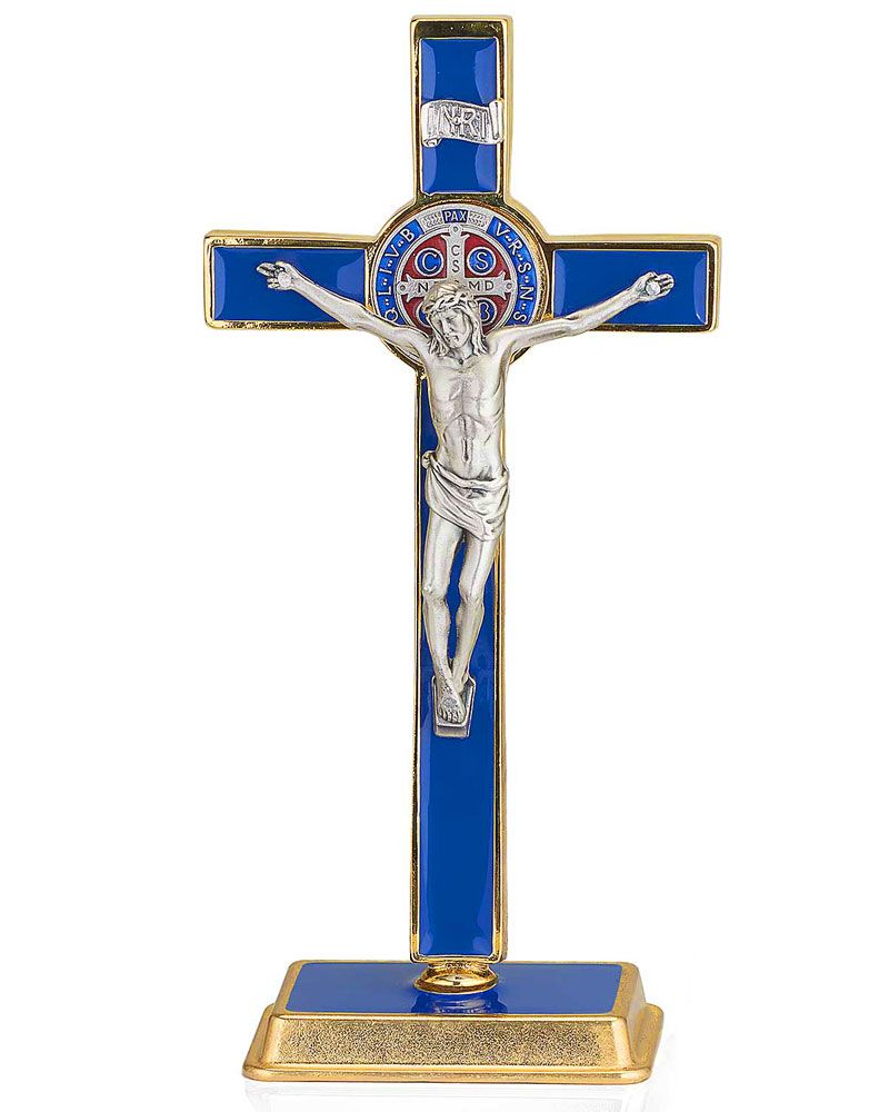 Stehkreuz Emaillack blau mit Christuskörper 10 x 20 cm