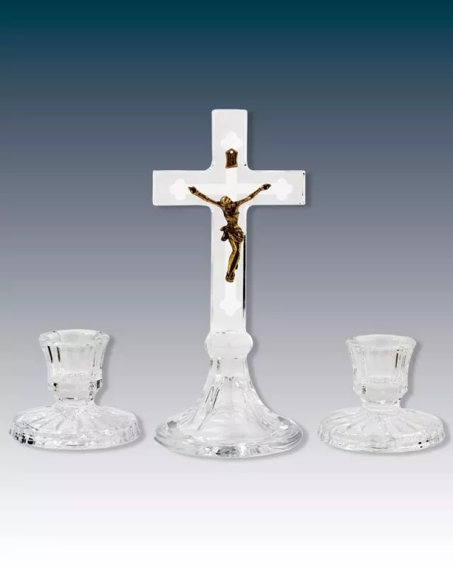 Altargarnitur Glas Stehkreuz 20 cm mit Kerzenleuchter