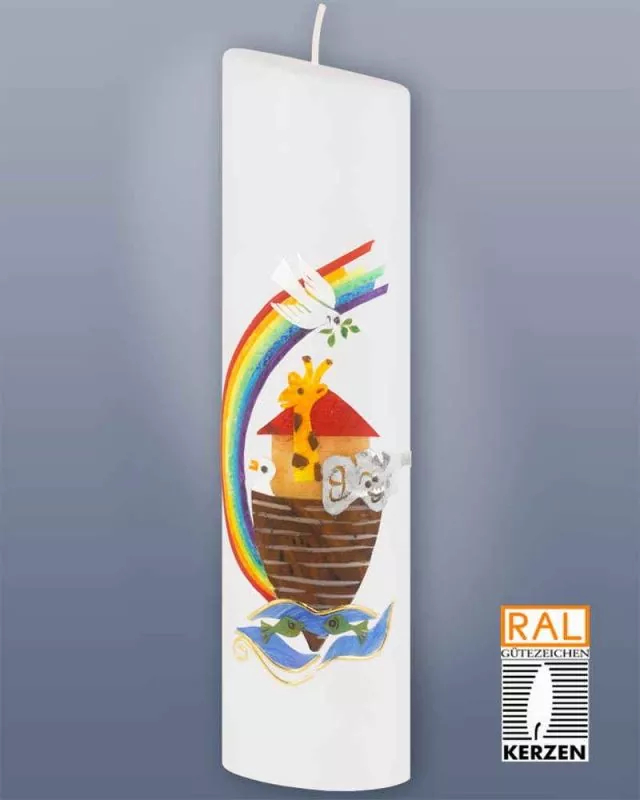 Taufkerze Arche Noah mit Regenbogen, oval 240 mm